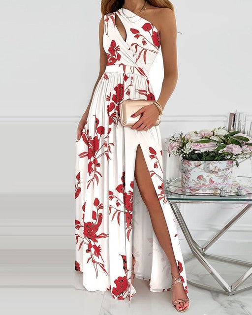 2022 Women Summer Elegant One Shoulder Floral Print High Slit Cutout Maxi Party Dress Asymmetric Long Sexy Robes Evening Dresses