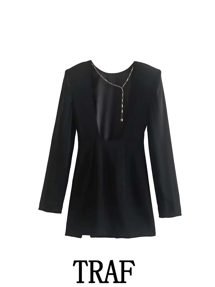 2023 Women Chain Mini Dress Fashion O-Neck Vintage Shoulder Padded Long Sleeve Autumn Causal Elegant Slim Dresses