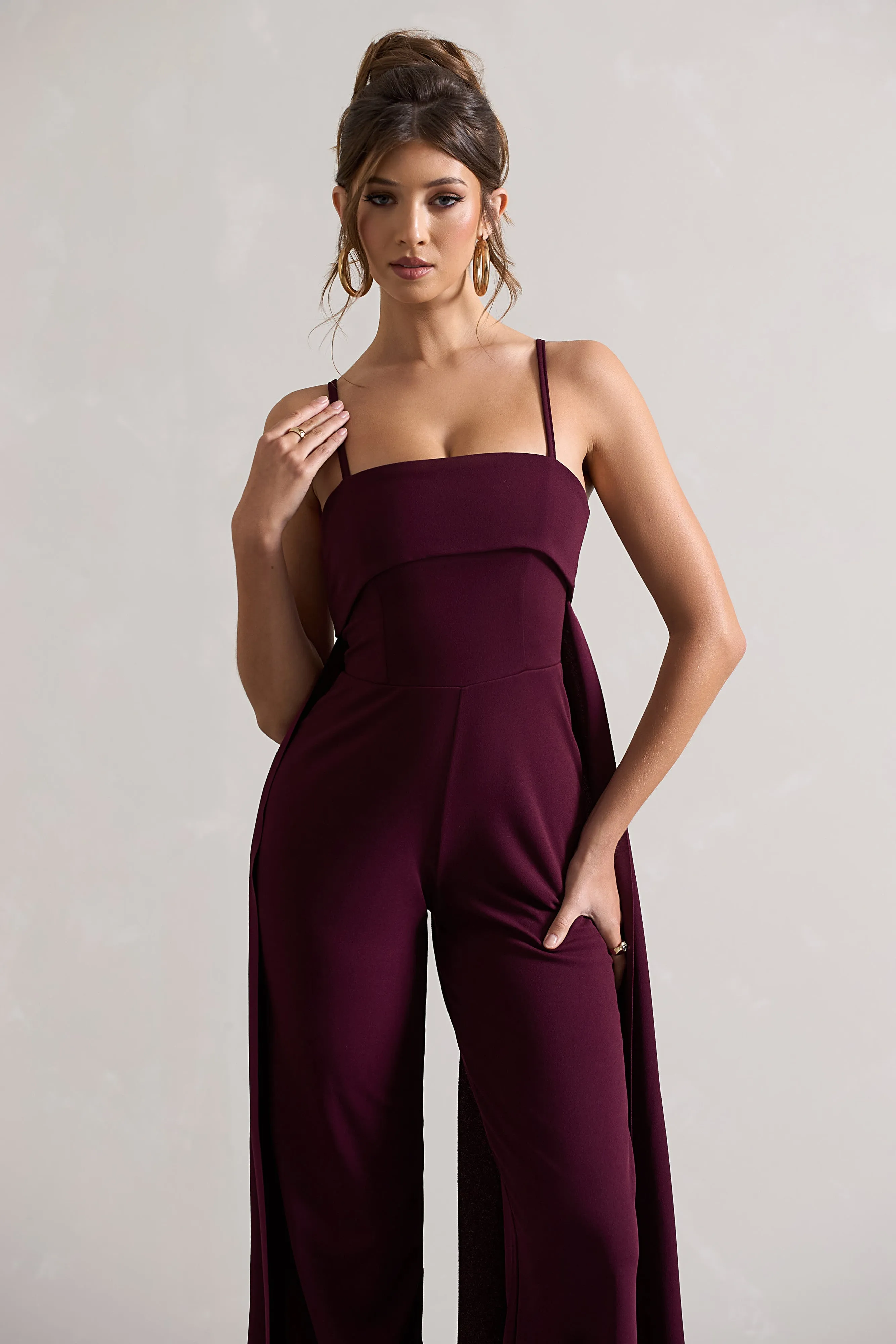 Amaya | Dark Plum Bandeau Wide-Leg Jumpsuit With Cape