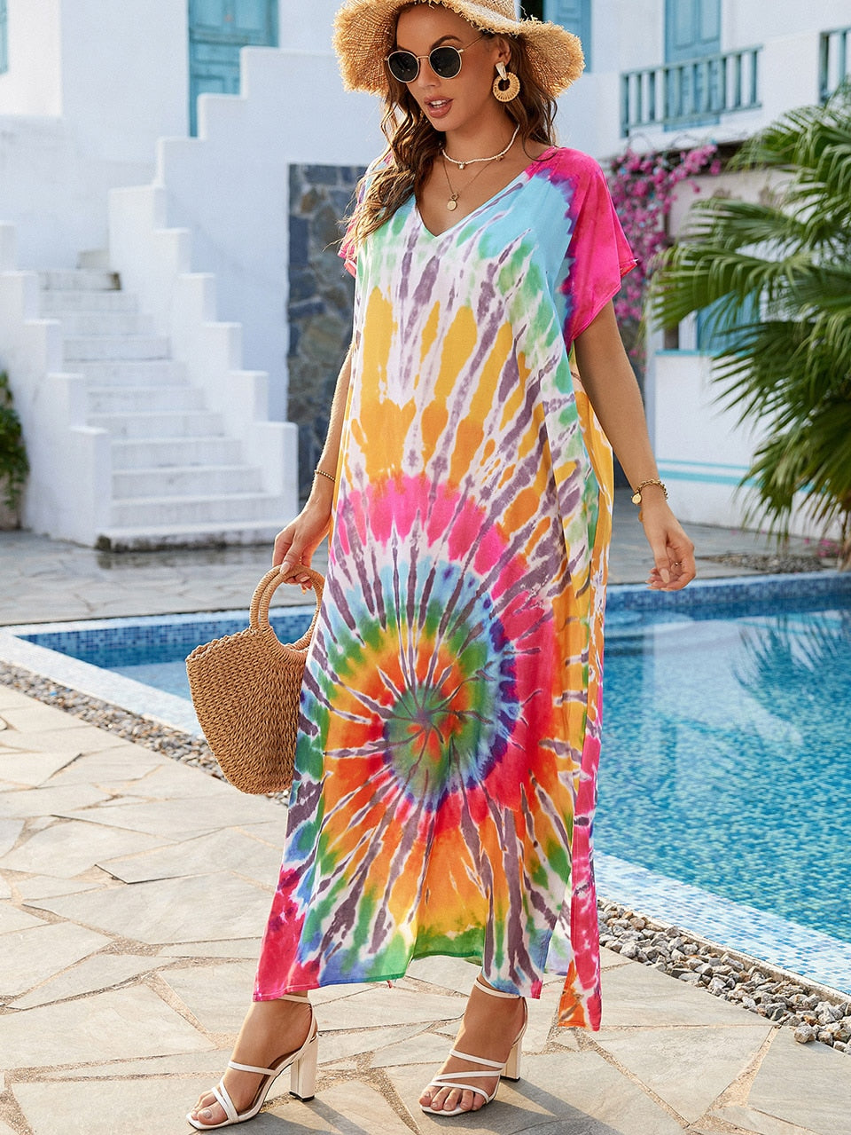 Ashore Shop 2023 Boho Tie Dye Oversize Kaftan Beach Cover Up for Women Holiday Casual Loose Long Dress Robe Beachwear Swim Suit 