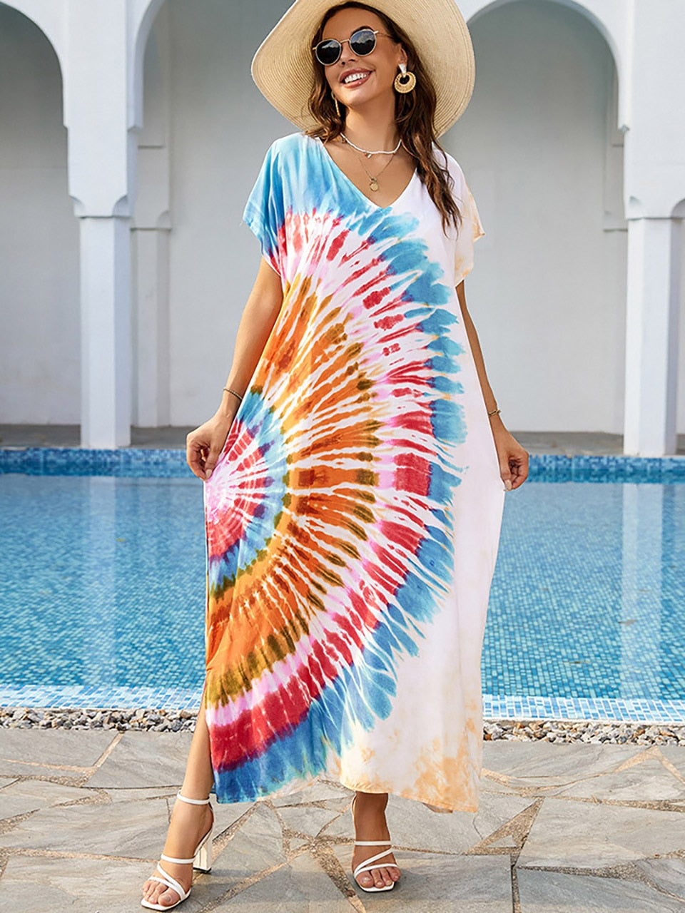 Ashore Shop 2023 Boho Tie Dye Oversize Kaftan Beach Cover Up for Women Holiday Casual Loose Long Dress Robe Beachwear Swim Suit 