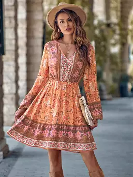 Ashore Shop Boho Long Sleeve Mini Dress Women Vintage  Pink Floral Print