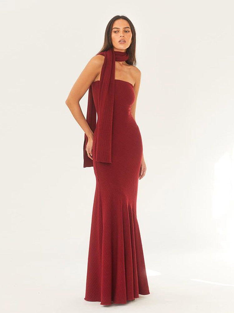 Ashore Shop Red Knitted Strapless Midi Dress With Scarf Sexy