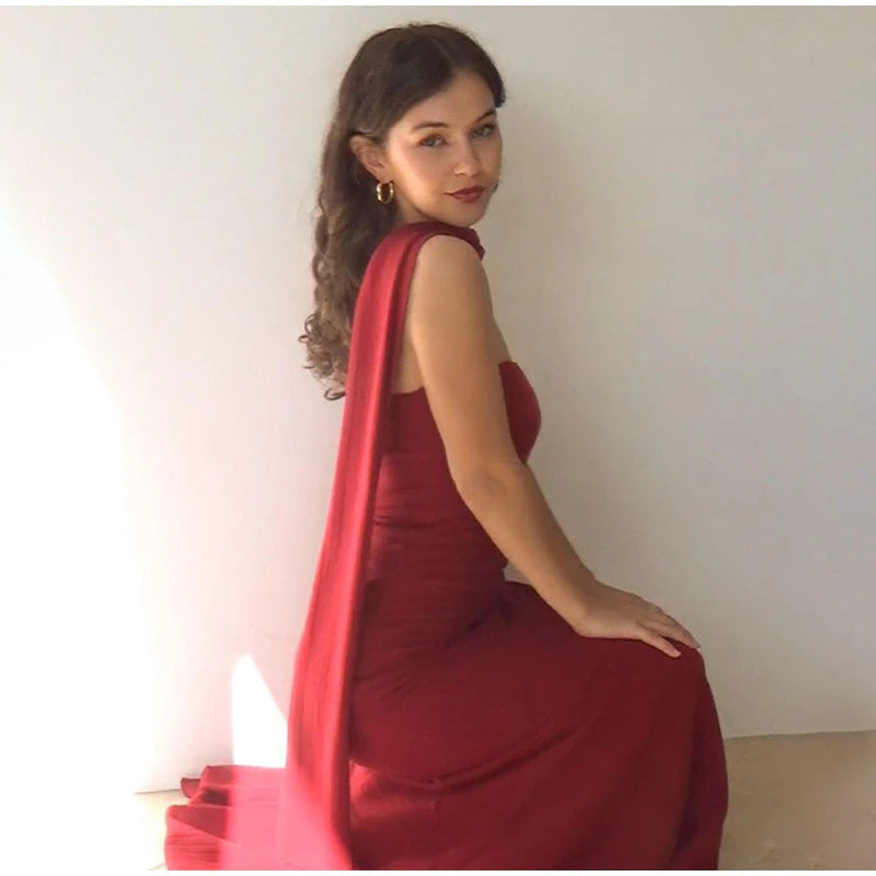 Ashore Shop Red Knitted Strapless Midi Dress With Scarf Sexy