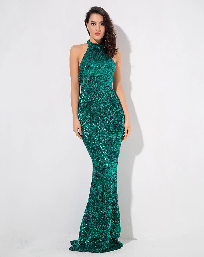 AshoreShop Mermaid Sequin Elegant Long Sleeveless Evening Dress Shimmering Color