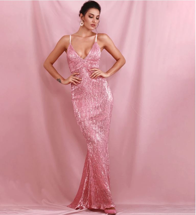 AshoreShop Sparkling Pink Long Elegant Mermaid Sleeveless Evening Gown