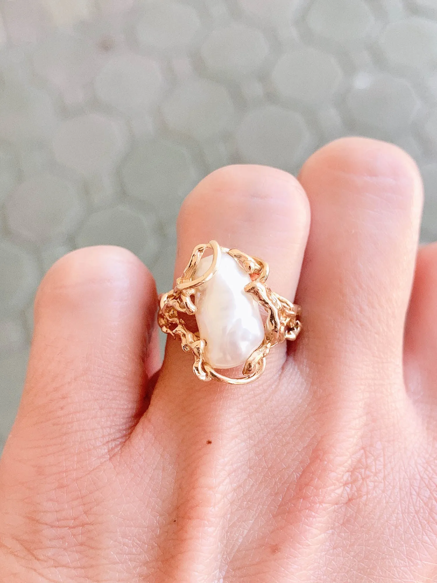 Baroque Pearl in Modernist Design 14K Gold Ring V1090