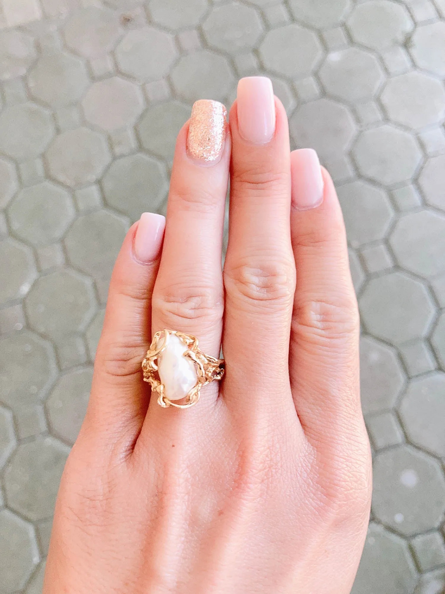 Baroque Pearl in Modernist Design 14K Gold Ring V1090