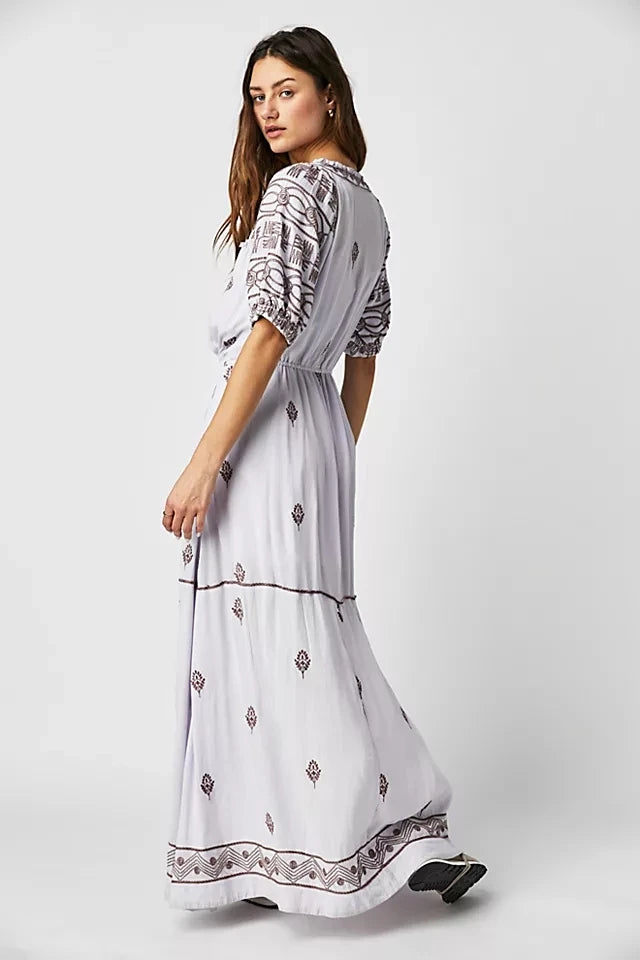 Boho Beach Robe Drawstring Waist Vestidos Vintage V Neck Long Dress Summer Floral Embroidery Cotton Dresses for Women