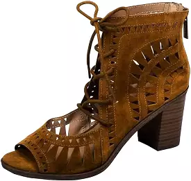 Breckelles Gabby Tan Lasercut Stacked Chunky Stacked Block Heeled Peep Toe Sandals