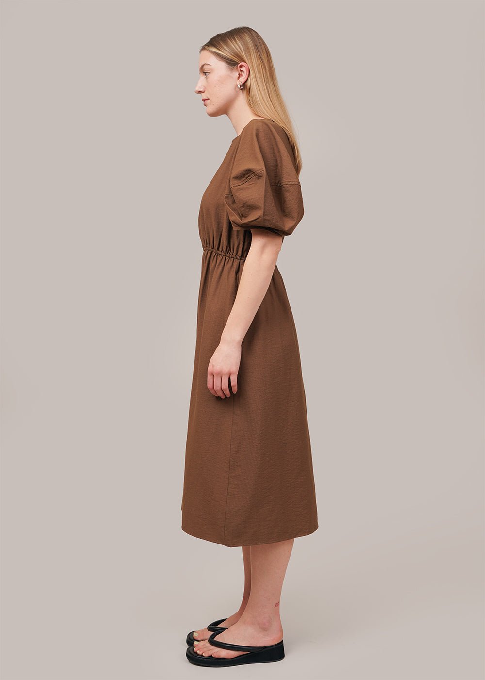 Brown Balloon Sleeve Midi Dress