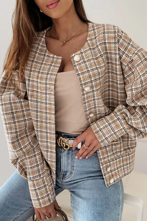 Casual Plaid Buckle O Neck Outerwear