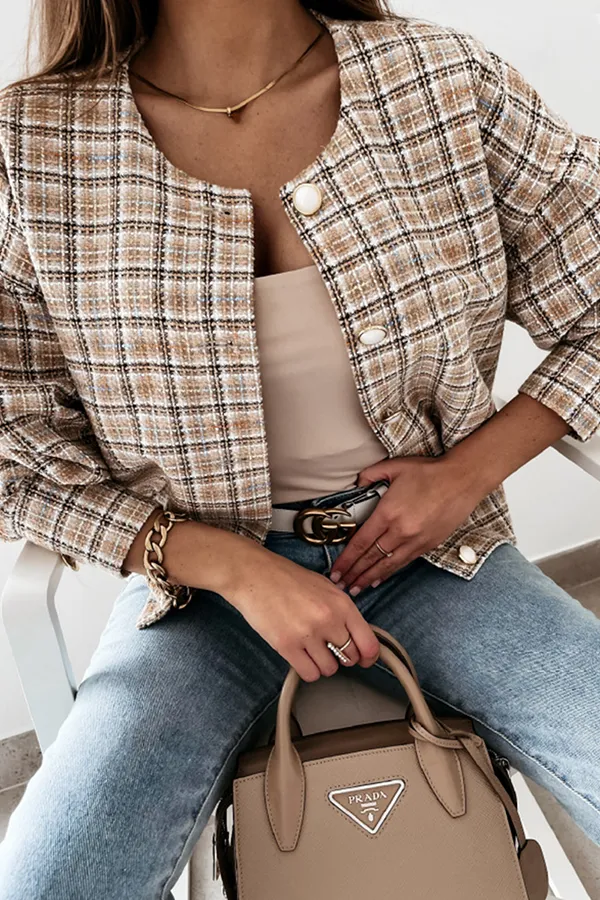 Casual Plaid Buckle O Neck Outerwear