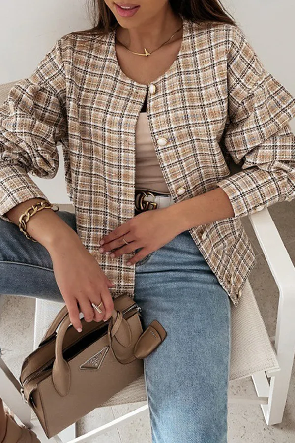 Casual Plaid Buckle O Neck Outerwear