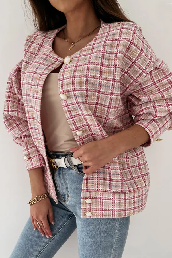 Casual Plaid Buckle O Neck Outerwear