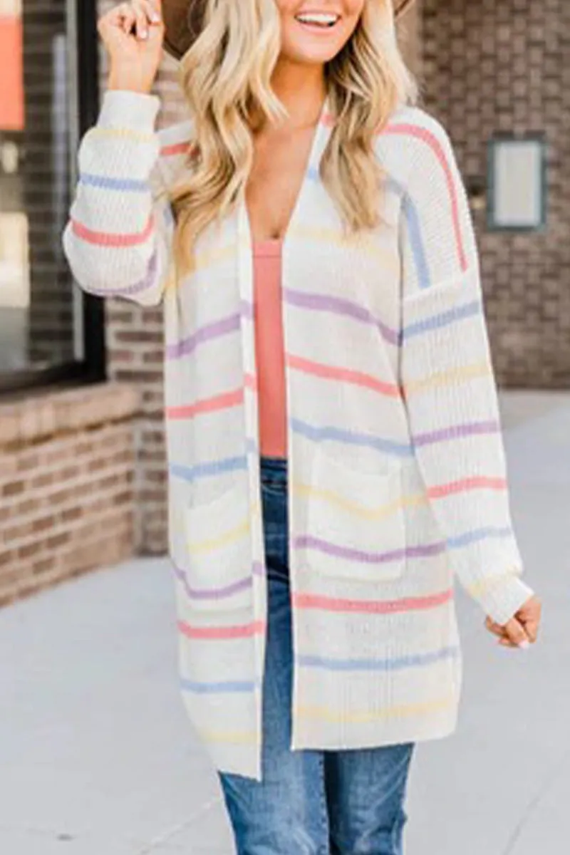 Casual Striped Pocket Contrast Cardigan Collar Outerwear