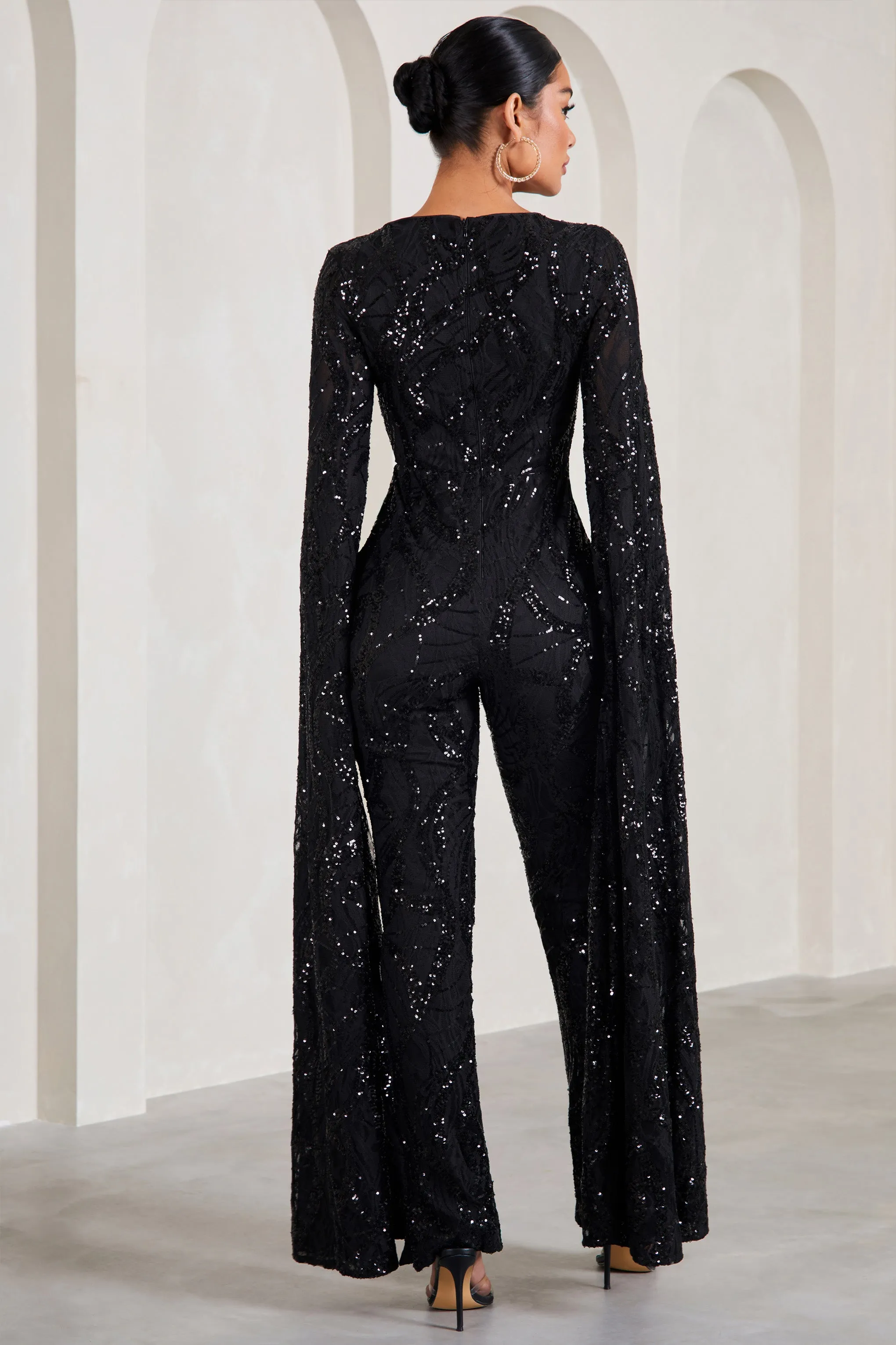 Cher | Black Sequin Lace Square-Neck Jumpsuit With Cape Sleeves