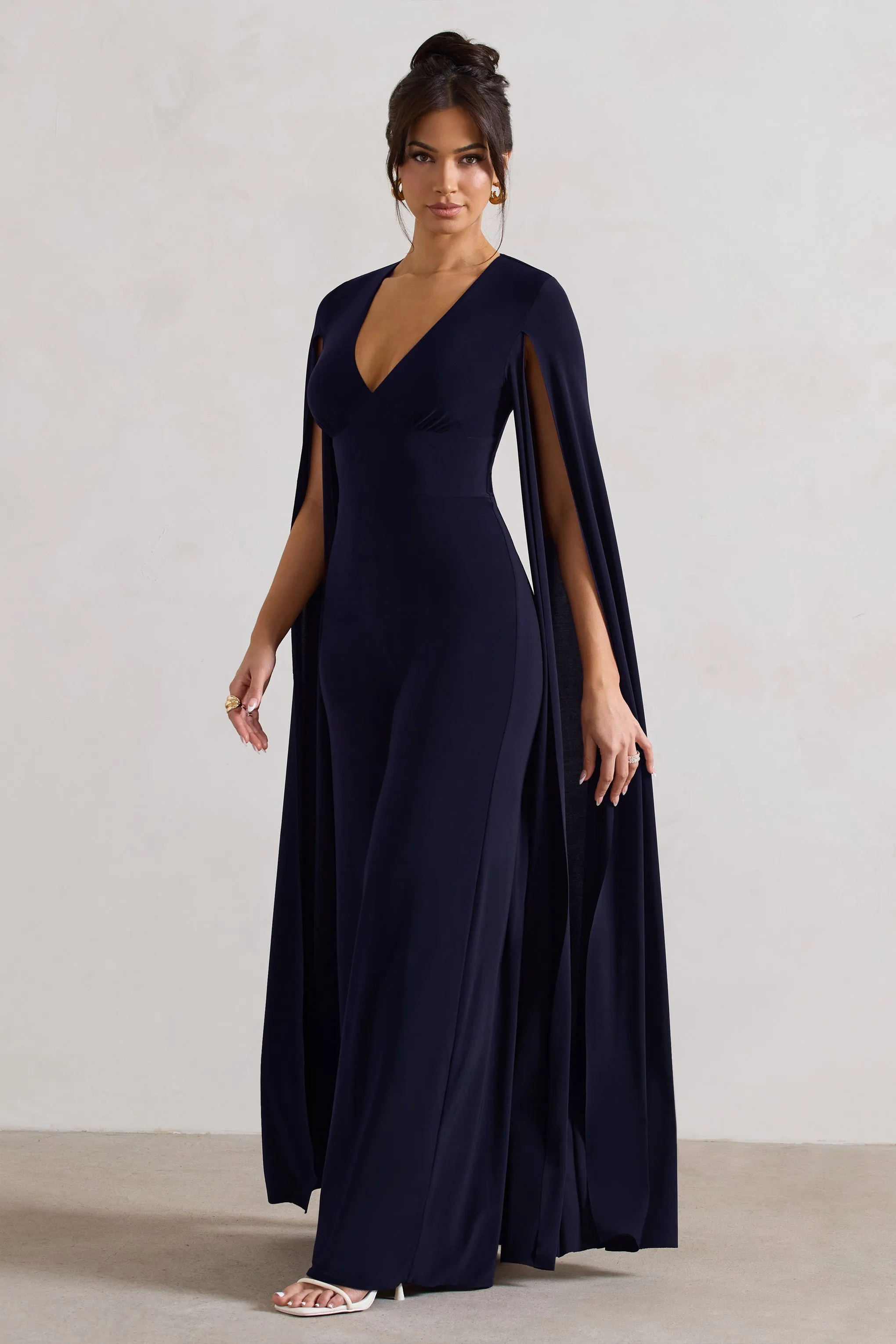 Emmanuela | Navy Plunge-Neck Wide-Leg Jumpsuit With Cape Sleeves