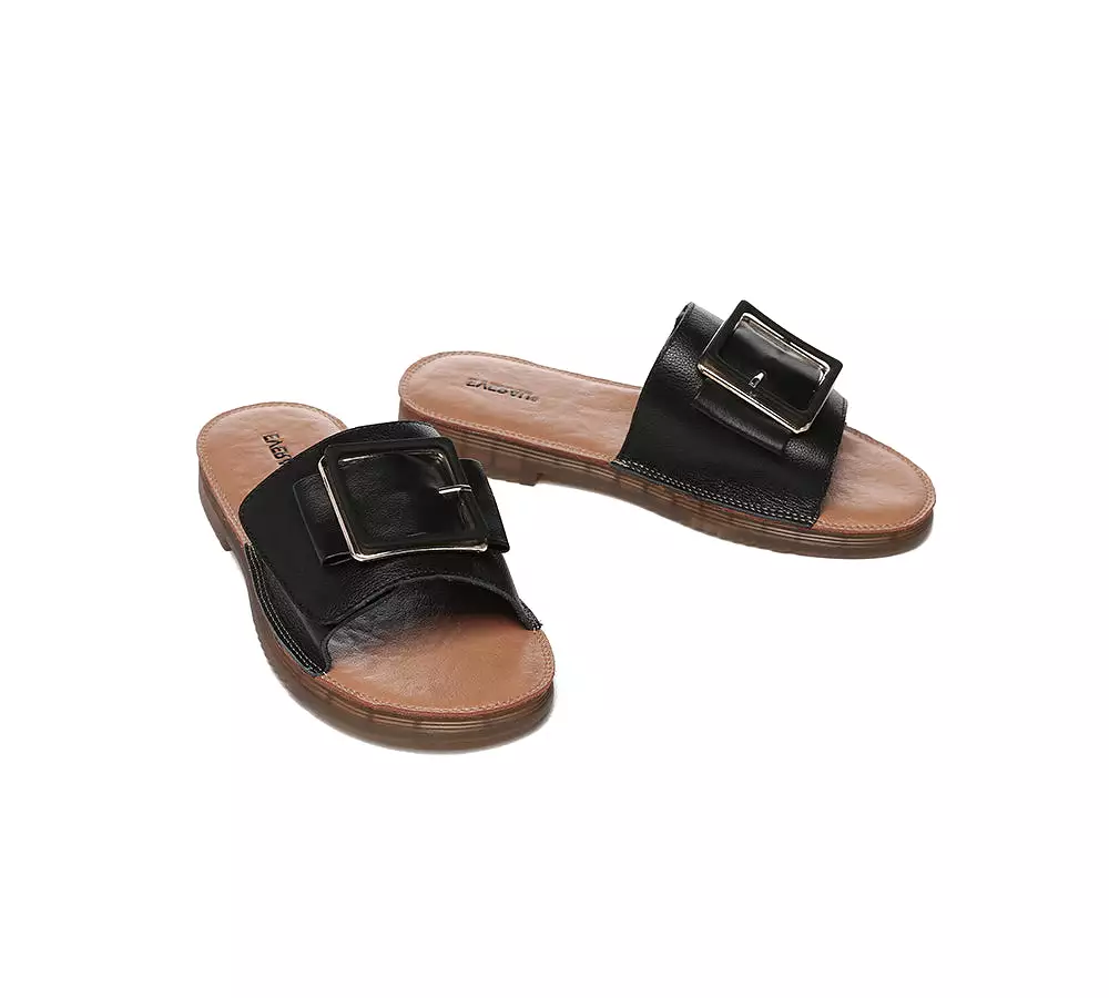 EVERAU Women Leather Buckle Top Ultra Soft Slides Bera