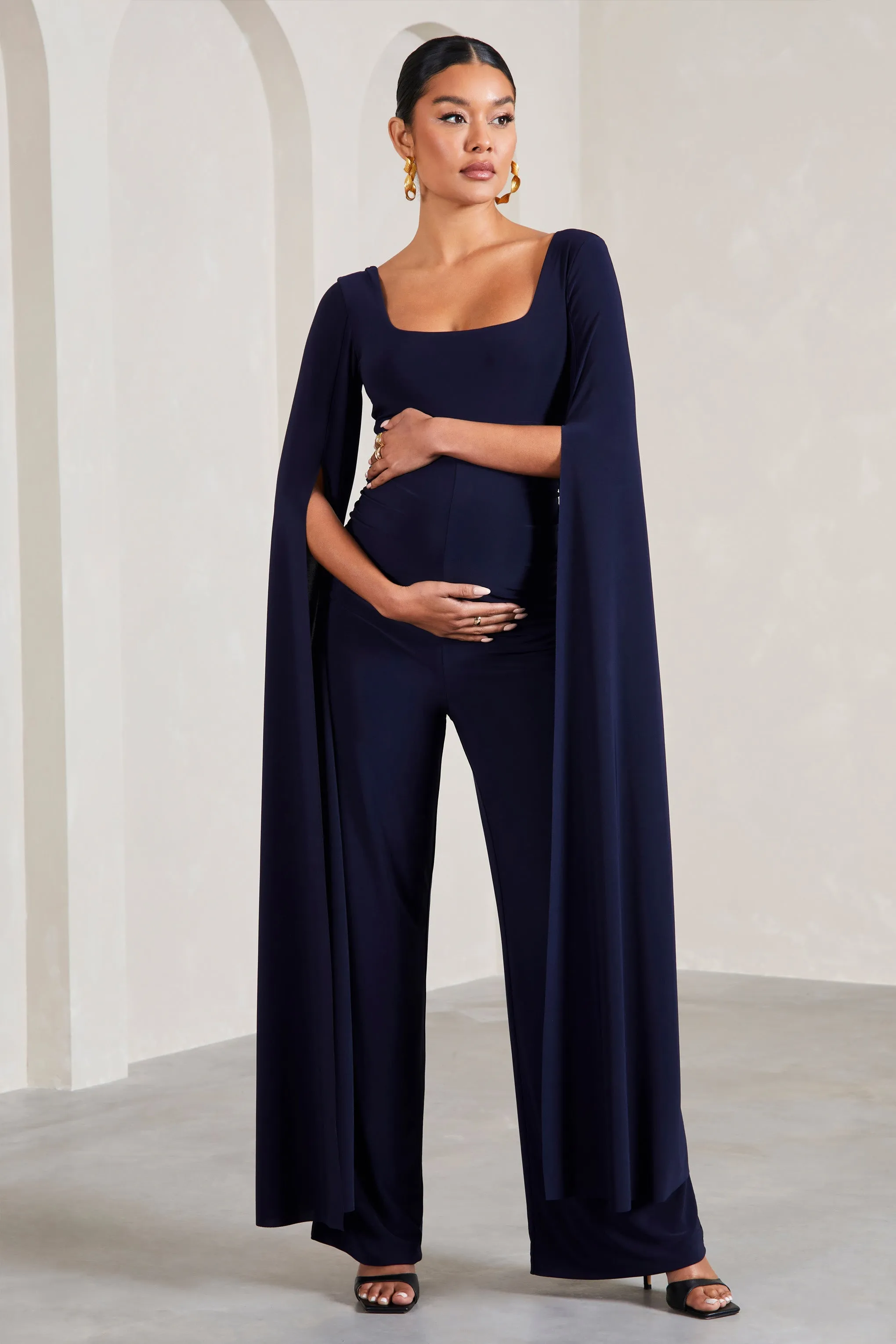 Faith | Navy Square-Neck Straight-Leg Maternity Jumpsuit With Cape Sleeves