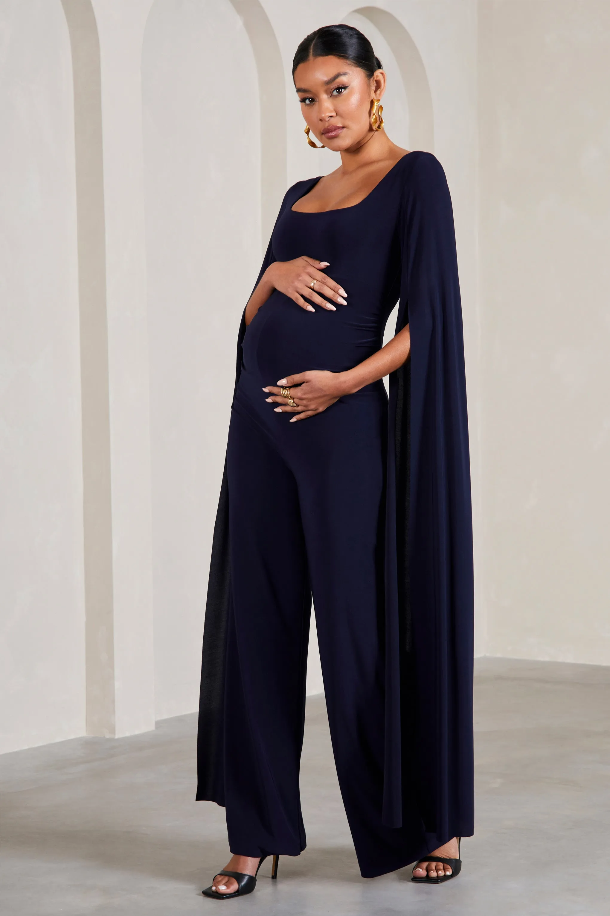 Faith | Navy Square-Neck Straight-Leg Maternity Jumpsuit With Cape Sleeves