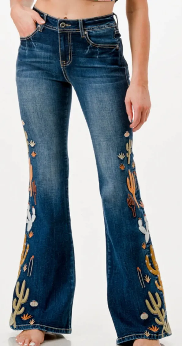 Grace in LA Women's High Waist Cactus Detail Medium Wash Flare Jeans