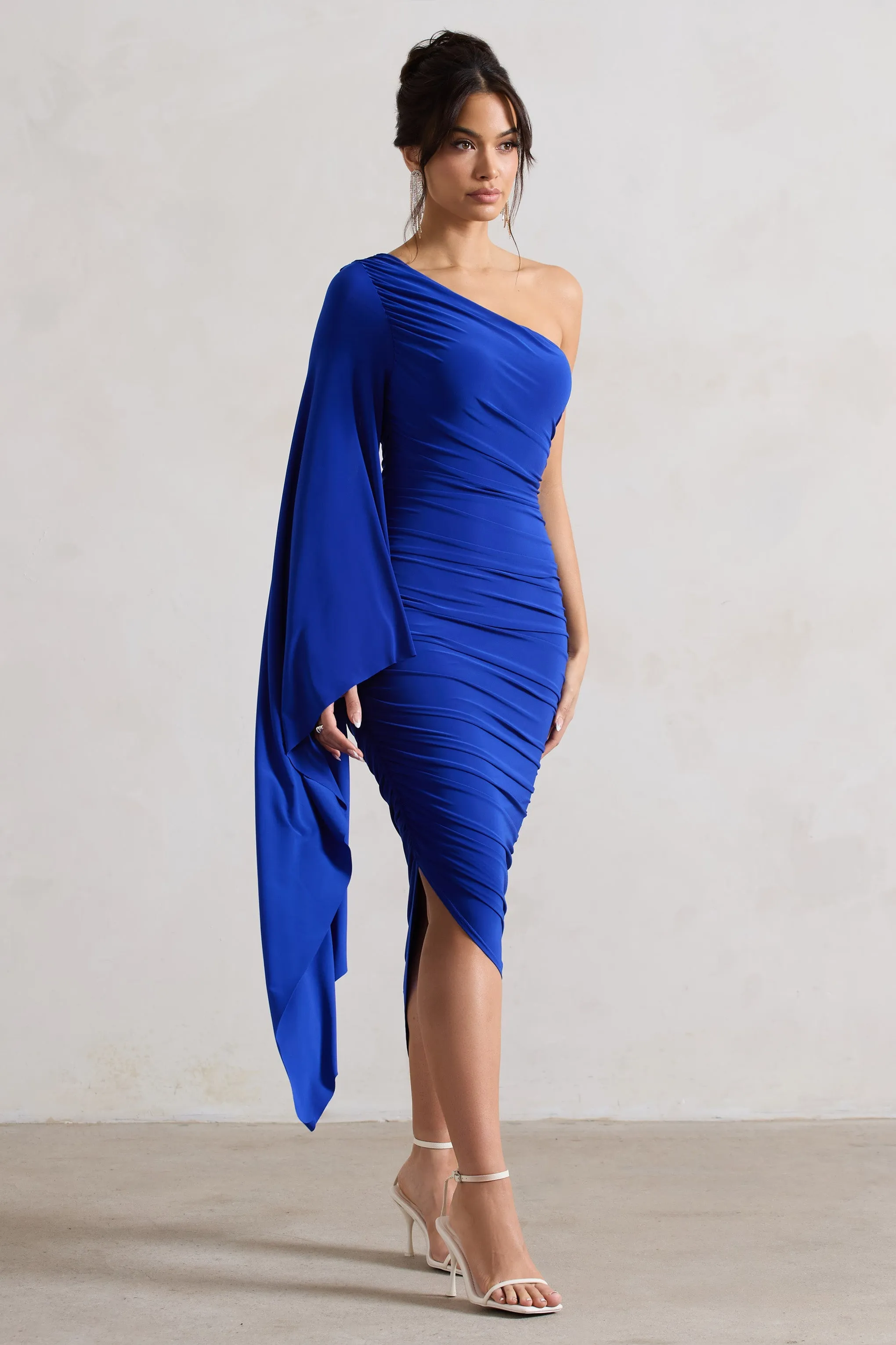 Halsey | Royal Blue Ruched One Shoulder Asymmetric Midi Dress