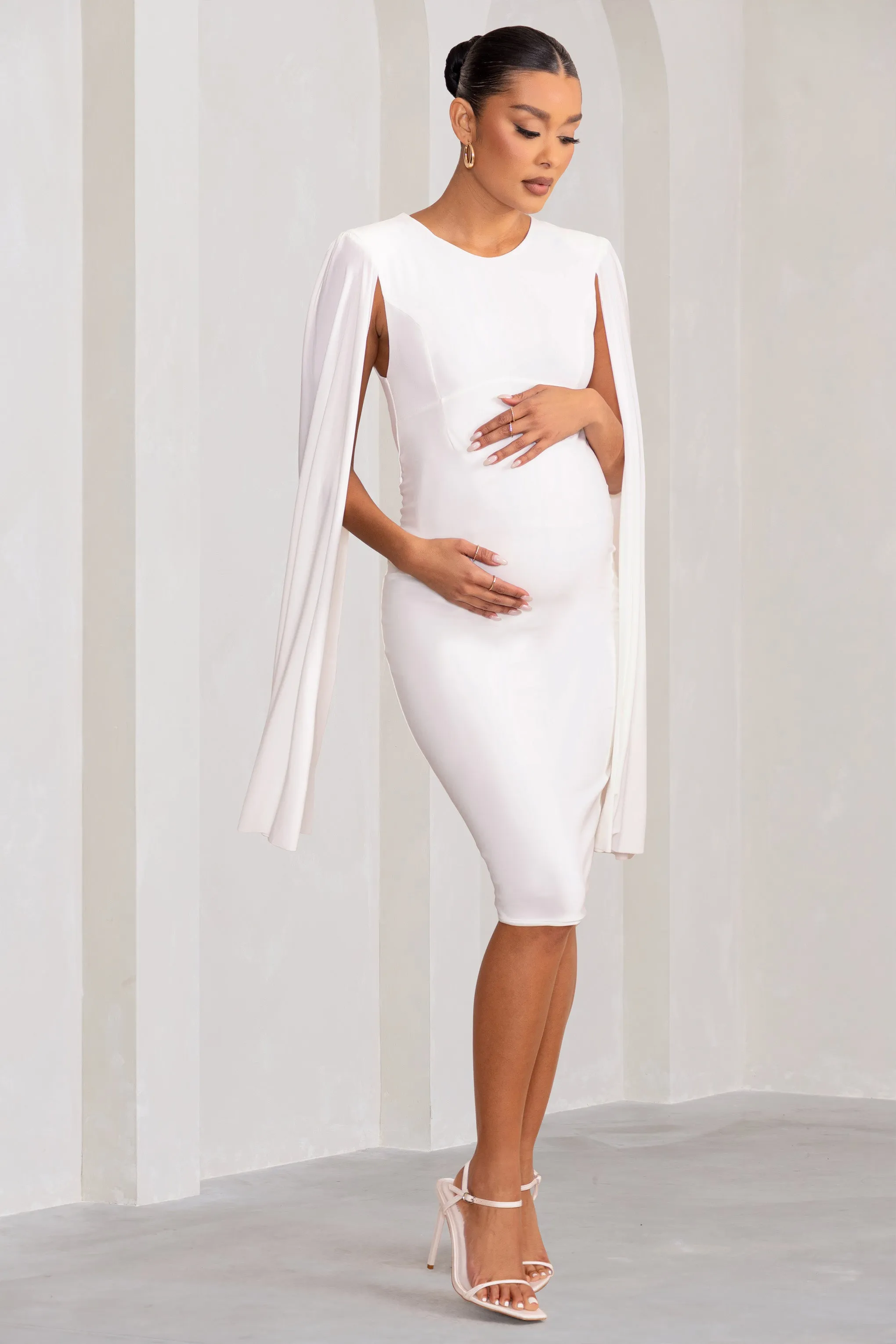 Hey Mama | White Maternity Cape Midi Dress