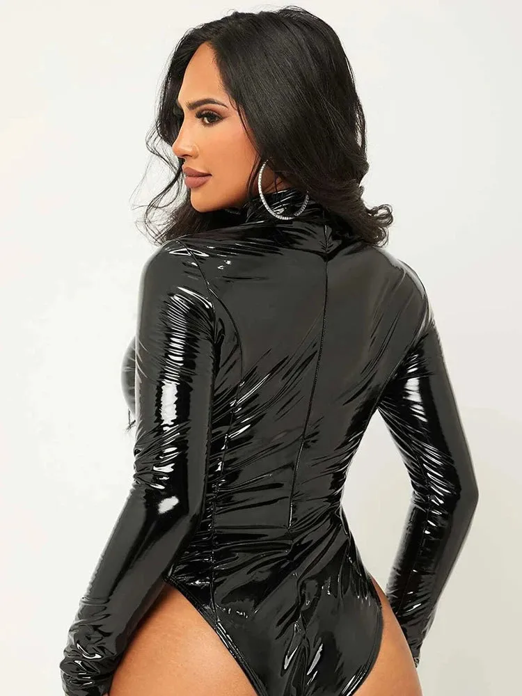 High Neck Long Sleeve Bodycon PVC PU Leather Bodysuit