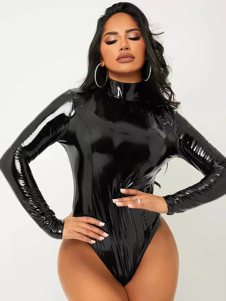 High Neck Long Sleeve Bodycon PVC PU Leather Bodysuit