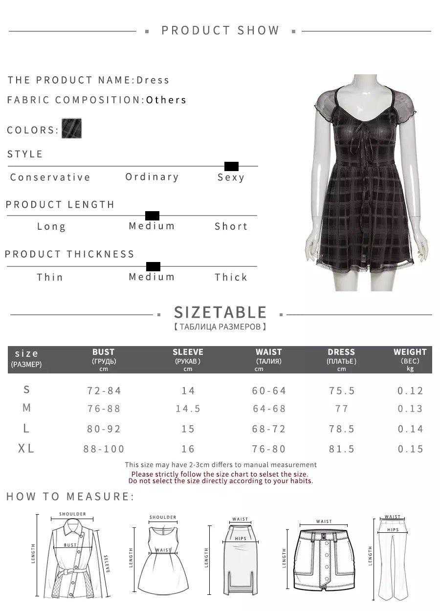 Lattice Pattern Short Sleeve Mini Dress For Women Gothic Square Collar Bow Cute Dresses