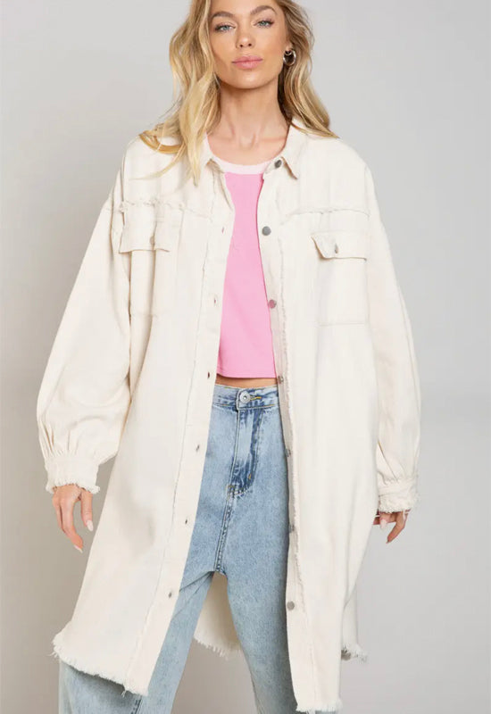 Long Denim Duster Jacket - Oat Milk