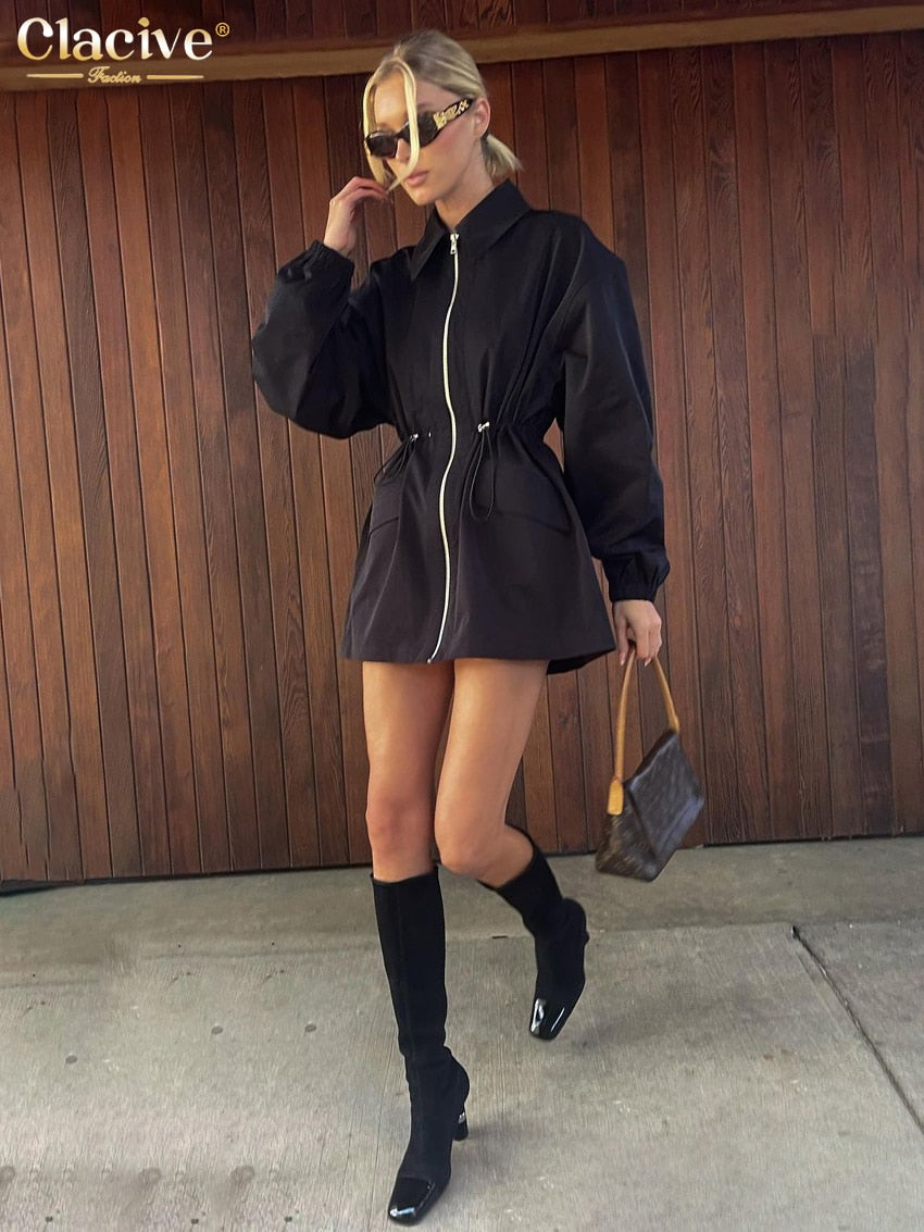 N Slim Black Women'S Dress 2023 Elegant Lapel Long Sleeve Mini Dresses Casual Pocket Zip Female Dress Streetwear