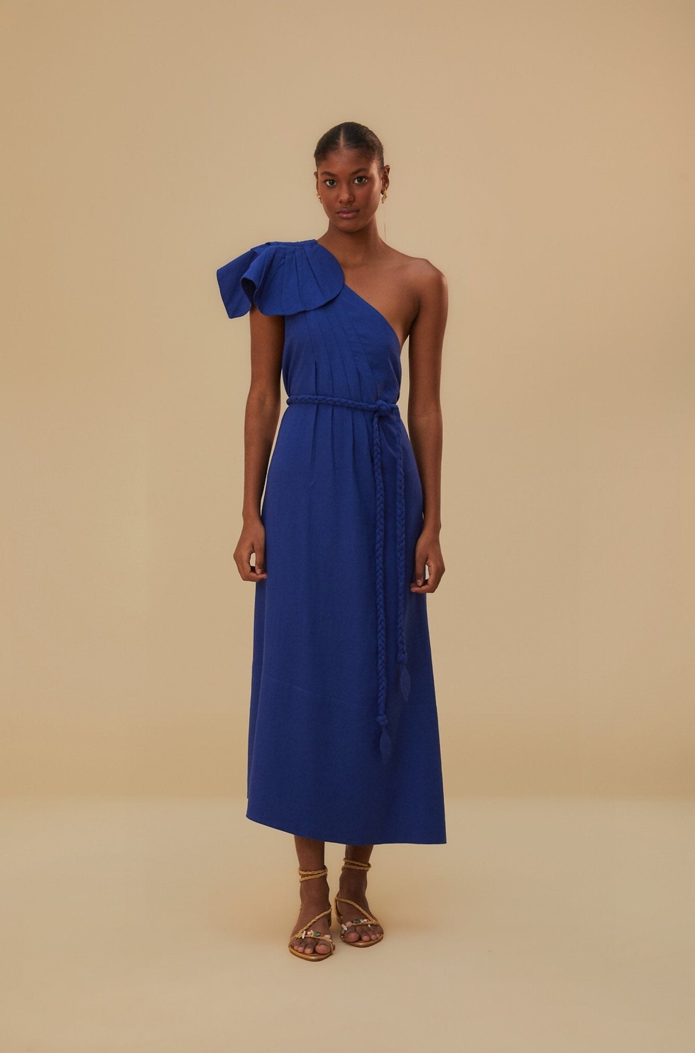 Navy Blue One Shoulder Leaf Maxi Dress