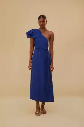 Navy Blue One Shoulder Leaf Maxi Dress