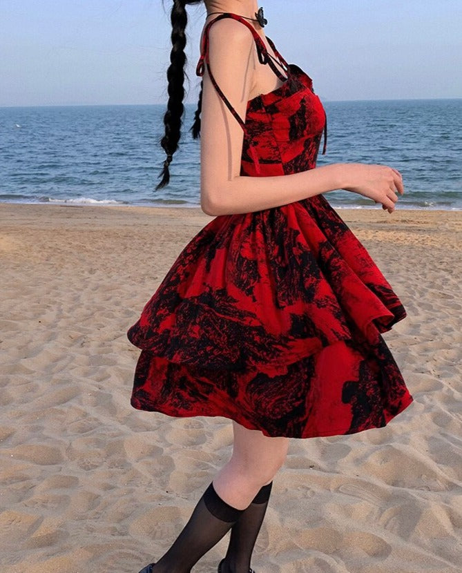 New Arrivals Floral Print Strap Ruffles Mini Short Dress Lady Summer Kawaii Dress