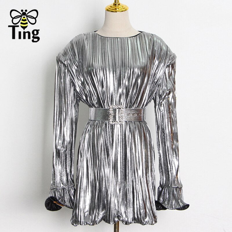 Plain Dress For Women Loose Sashes O-Neck Long Sleeve A Line Mini Short Party Night Dresses Goblincore Golden Clubwear