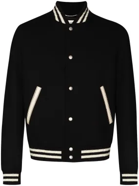 SAINT LAURENT Black Wool Bomber Jacket with Embroidered Design and Ribbed Detailing for Men