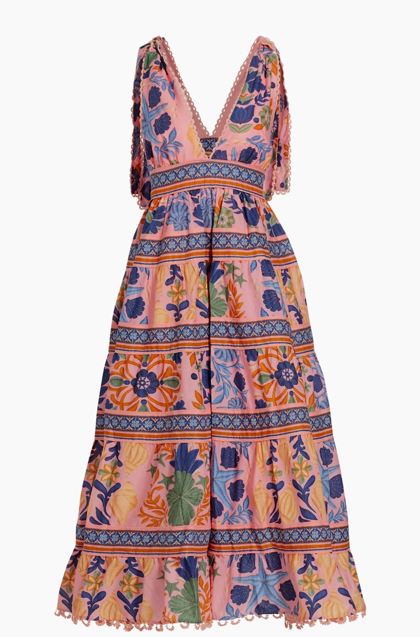 Seashell Tapestry Puff-Sleeve Midi Dress