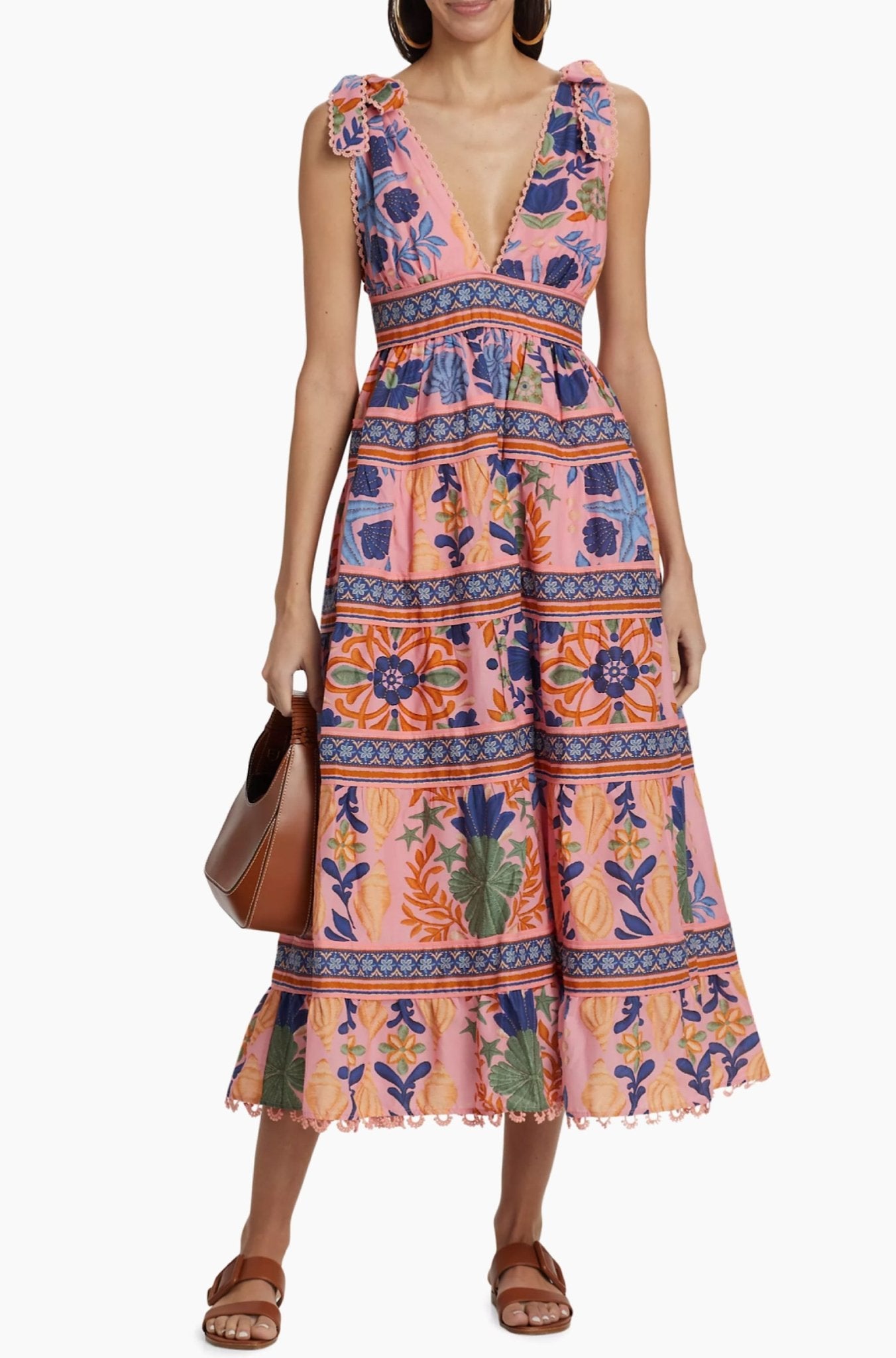 Seashell Tapestry Puff-Sleeve Midi Dress