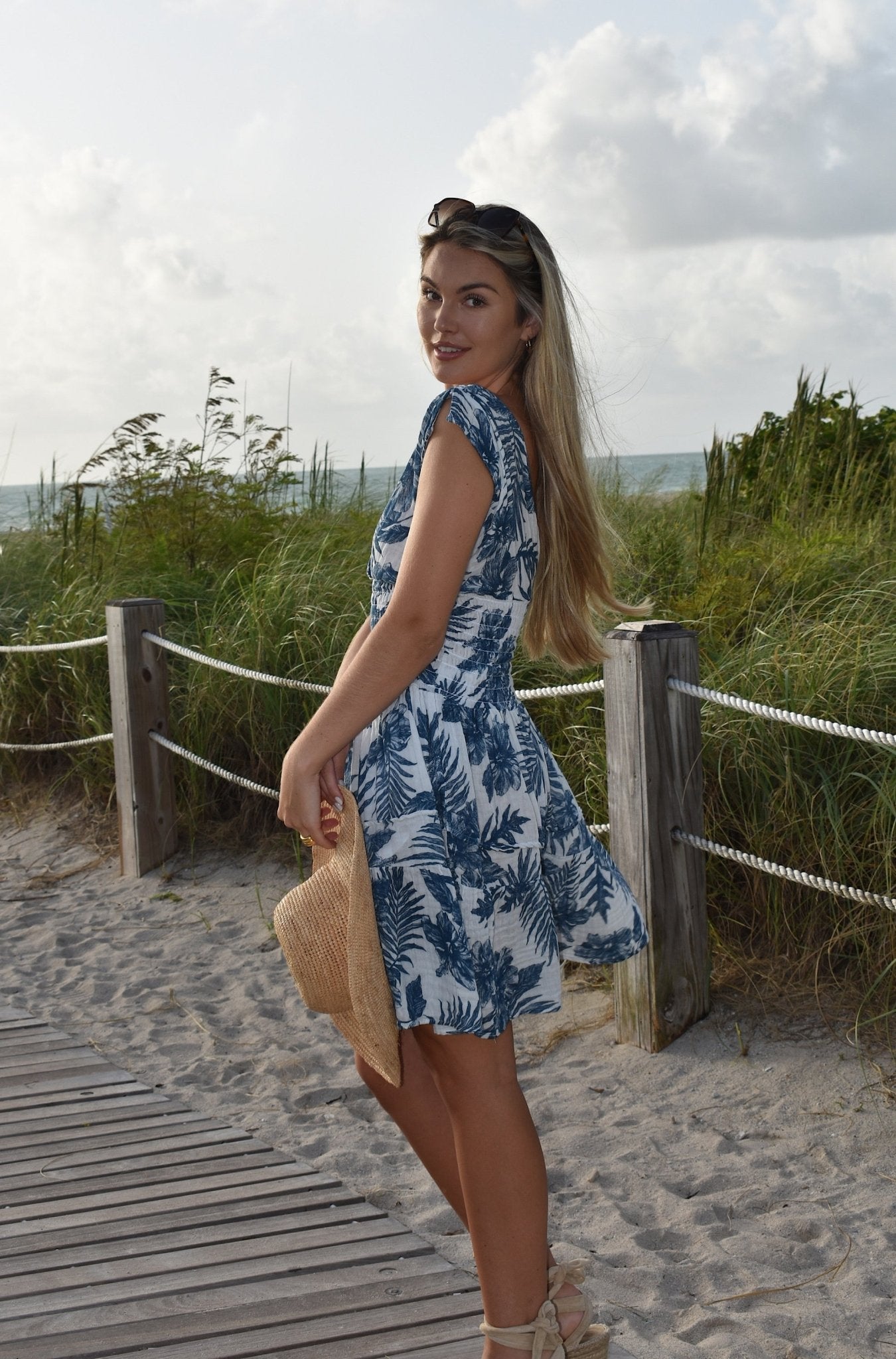 Smock Mini Dress in Navy Palm