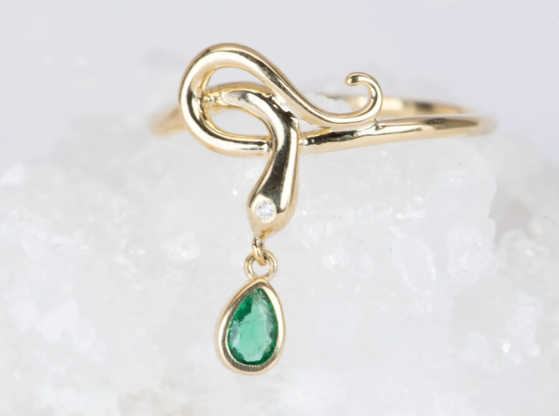 Snake Coil Ring with Emerald Dangle and Diamond Head 9K Gold R6451