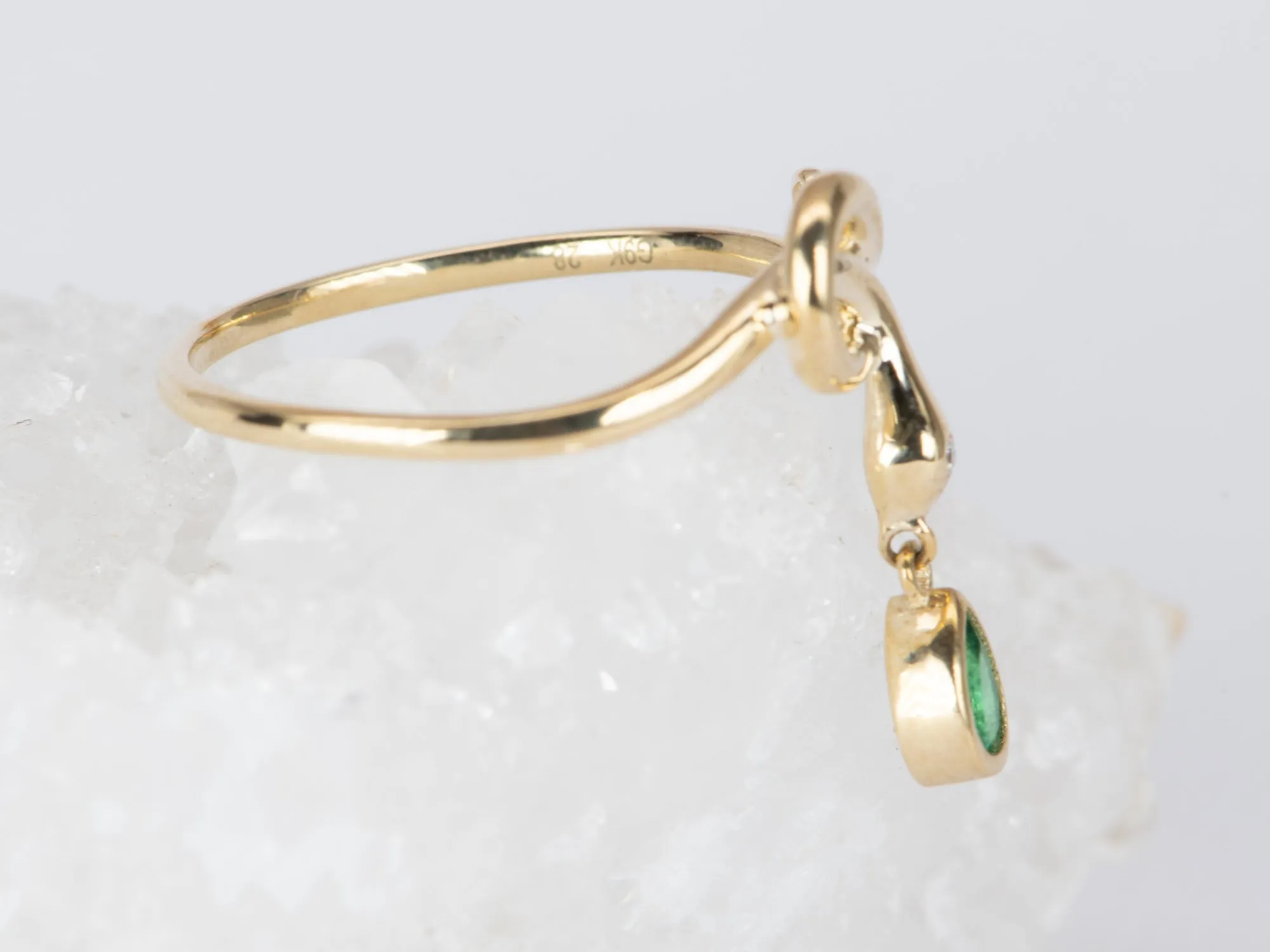 Snake Coil Ring with Emerald Dangle and Diamond Head 9K Gold R6451