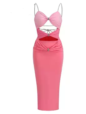 Summer Pink Rose Dresses For Women Square Collar Sleeveless High Waist Hollow Out Summer Dress Female Fashion Clothing