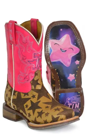 Tin Haul Kids Girls Starring Me Tan/Pink Leather Cowboy Boots 13