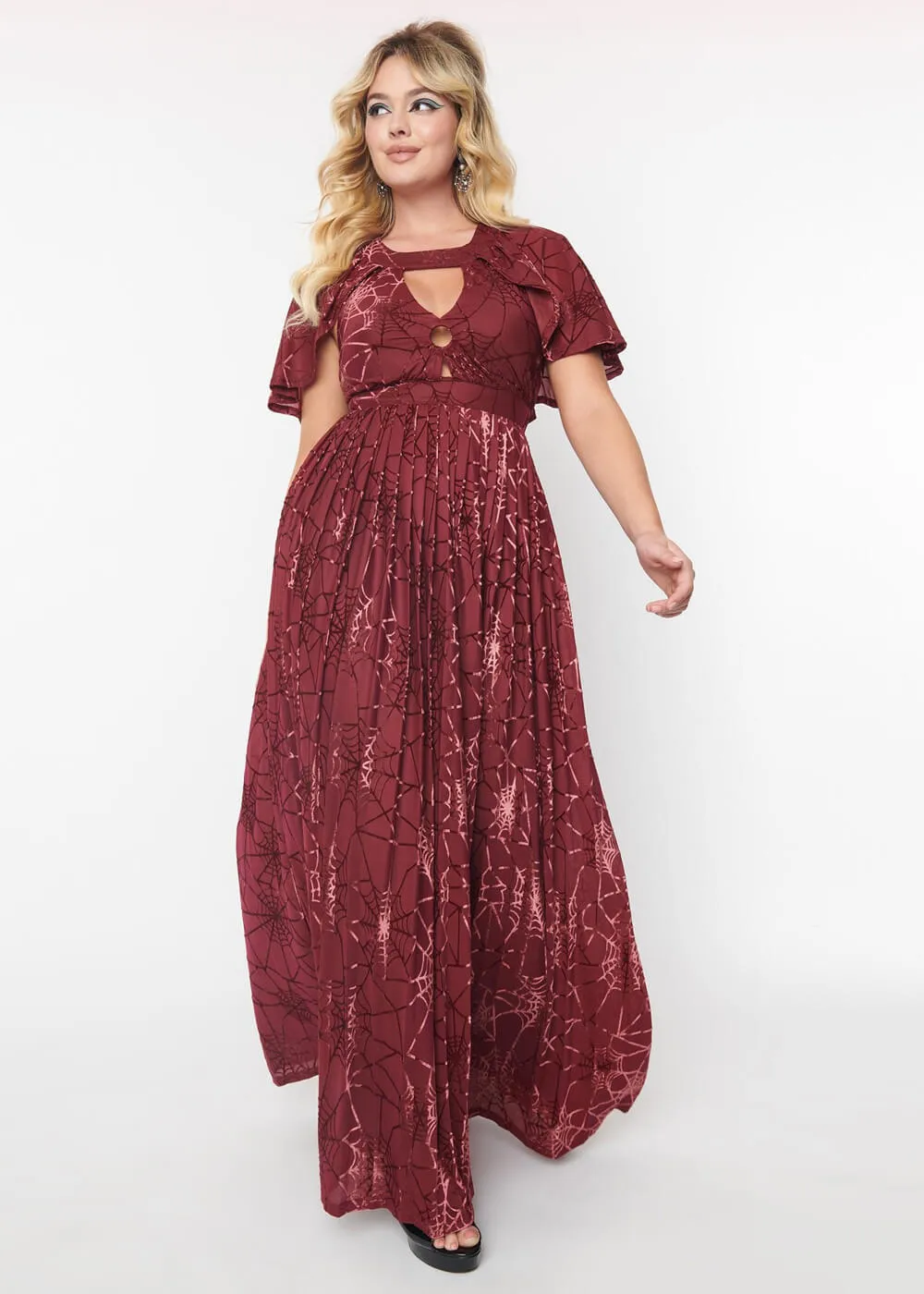 Unique Vintage Smak Parlor Minerva Spiderweb 70's Cape Maxi Dress Burgundy