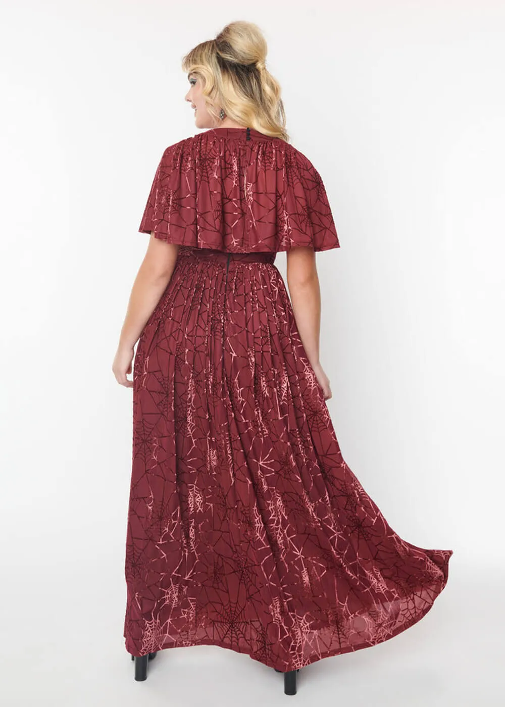 Unique Vintage Smak Parlor Minerva Spiderweb 70's Cape Maxi Dress Burgundy