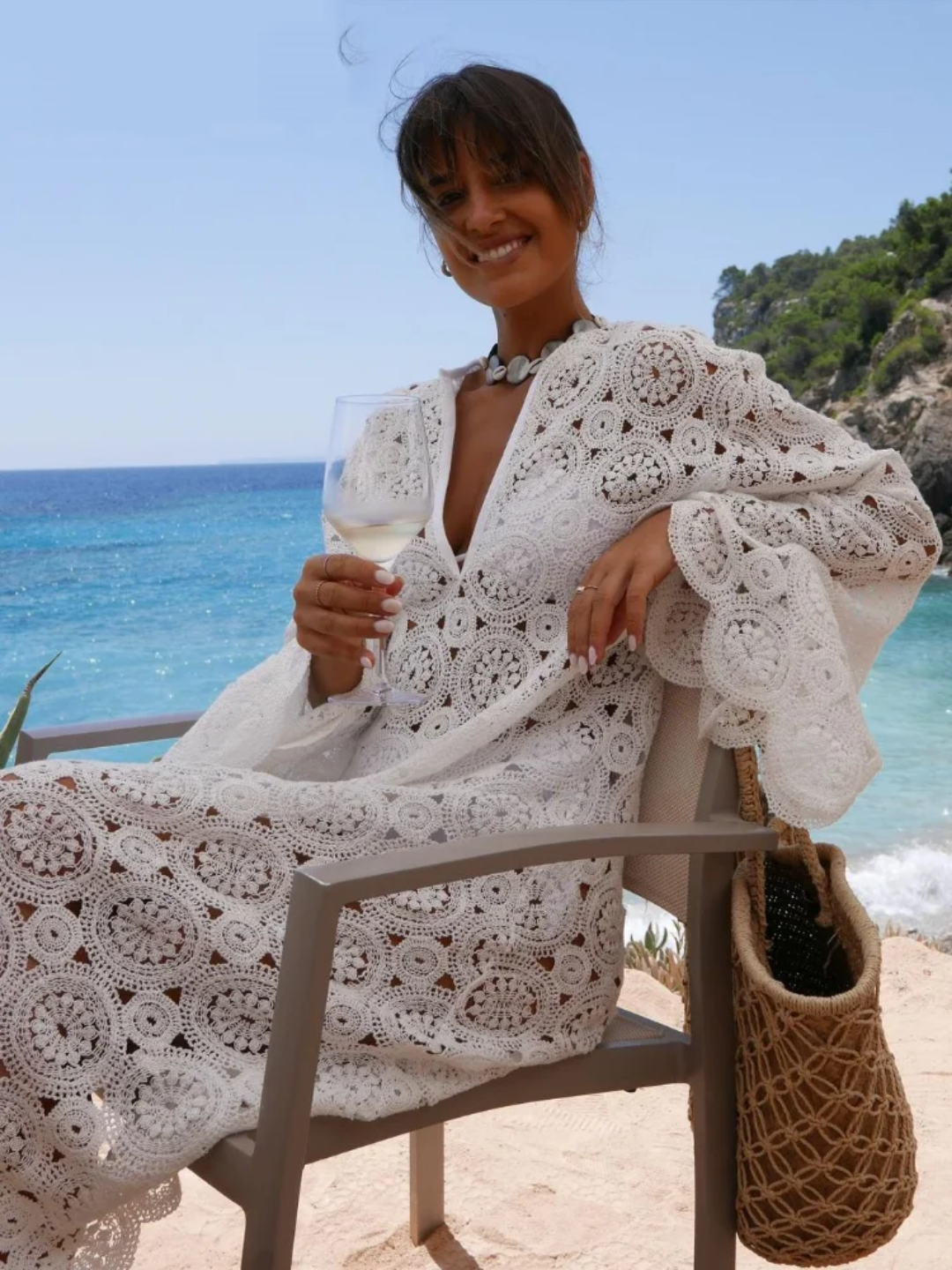 V Neck Crochet Dress 2024 Sexy Party Beach Vacation Female Robes