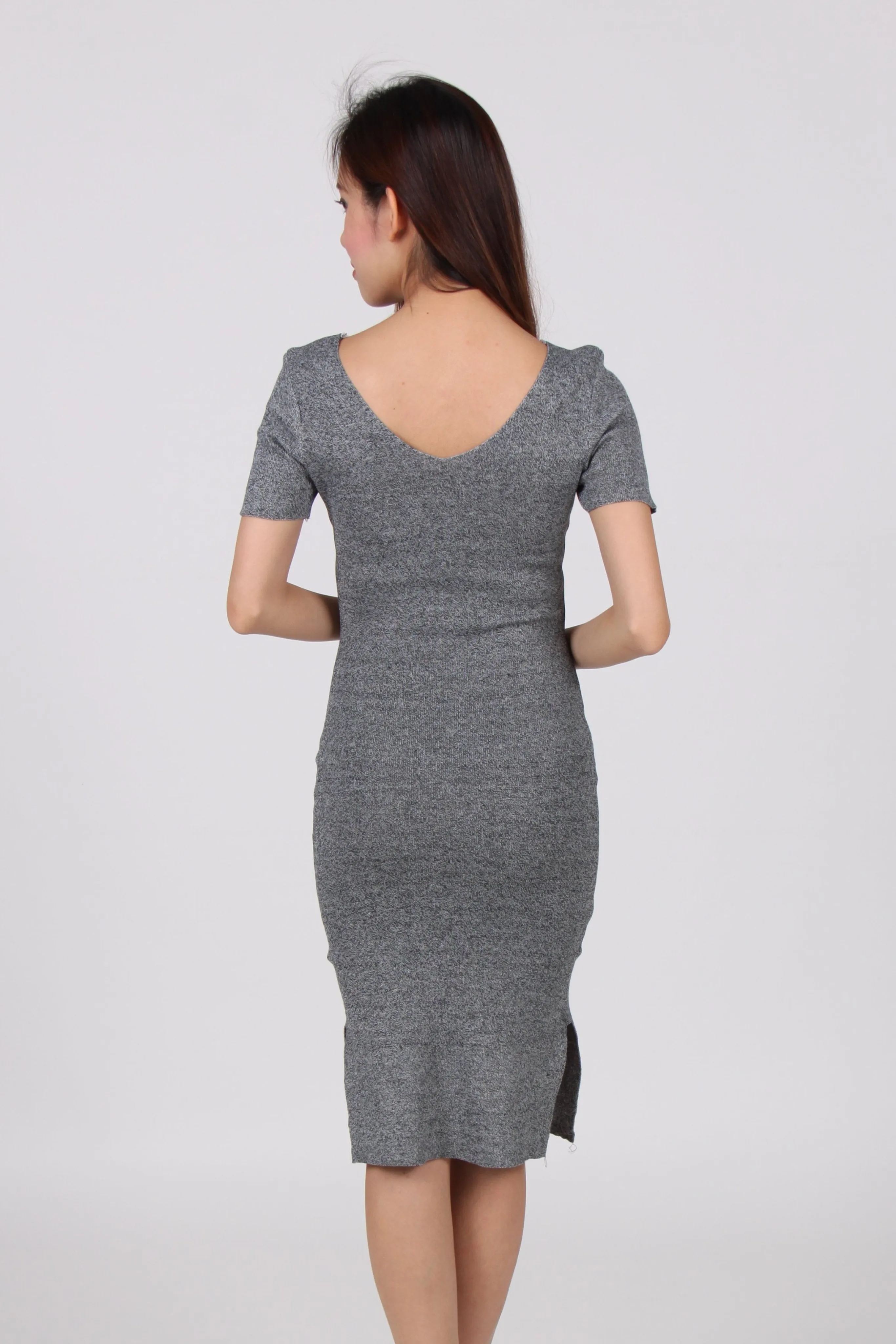 V Neck Side Slit Bodycon Dress in Light Grey