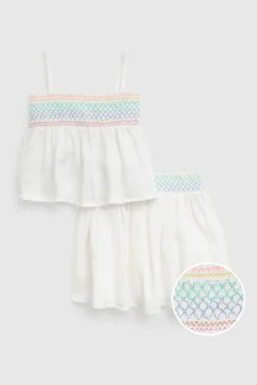 White Crinkle Gauze Smocked Outfit Set